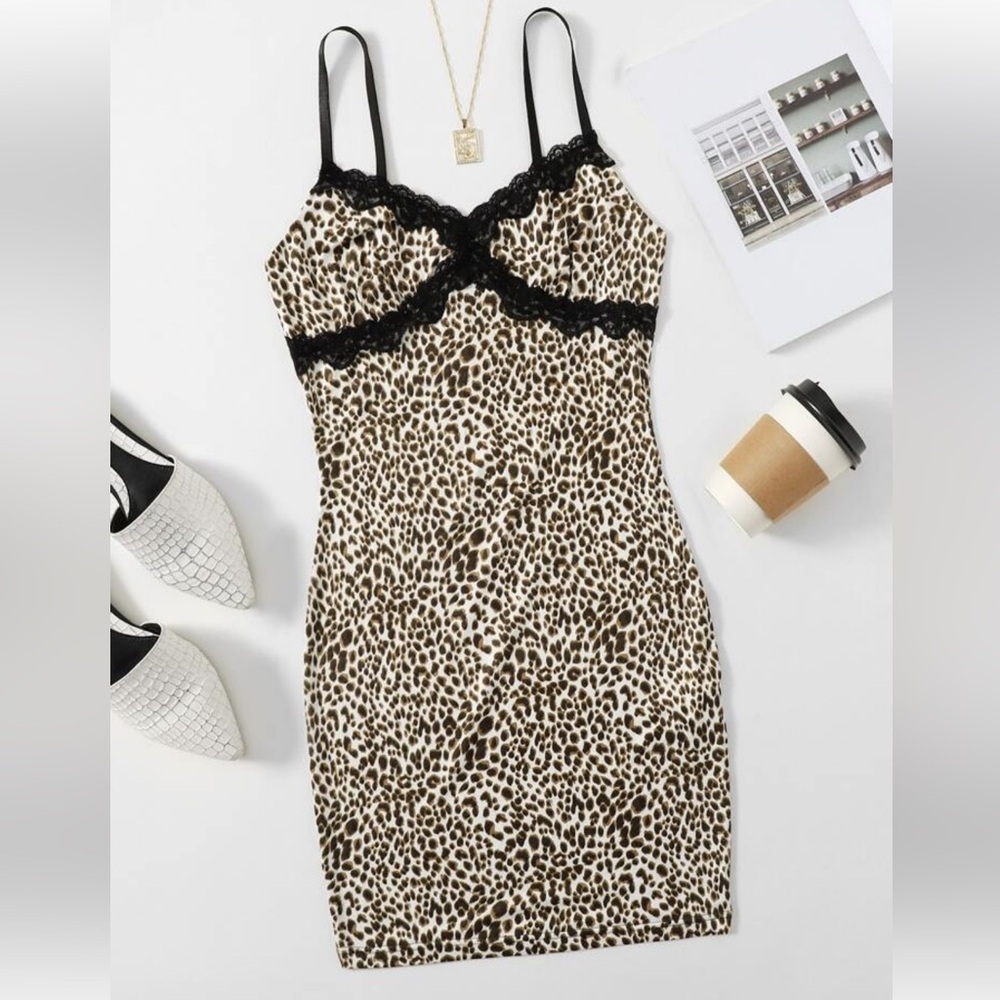 Y2K Style Wild Fable Leopard Cami Dress with Lace Trim size Large